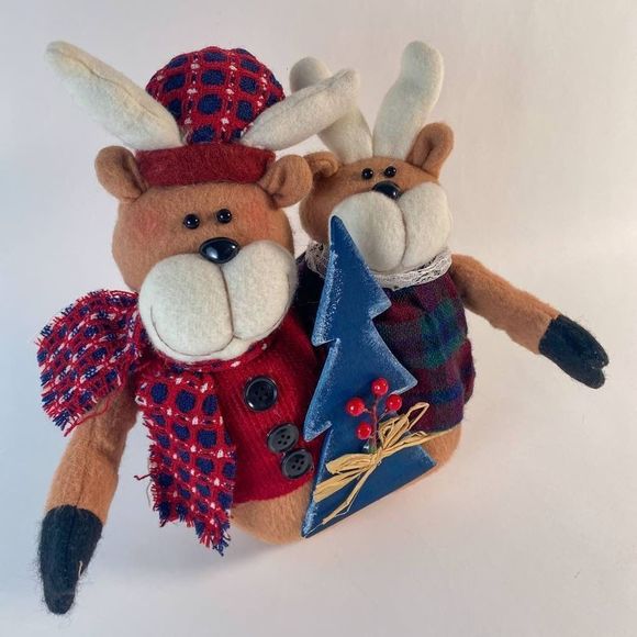 Plush Reindeer Couple Decoration w/ Wooden Tree - Picture 2 of 9